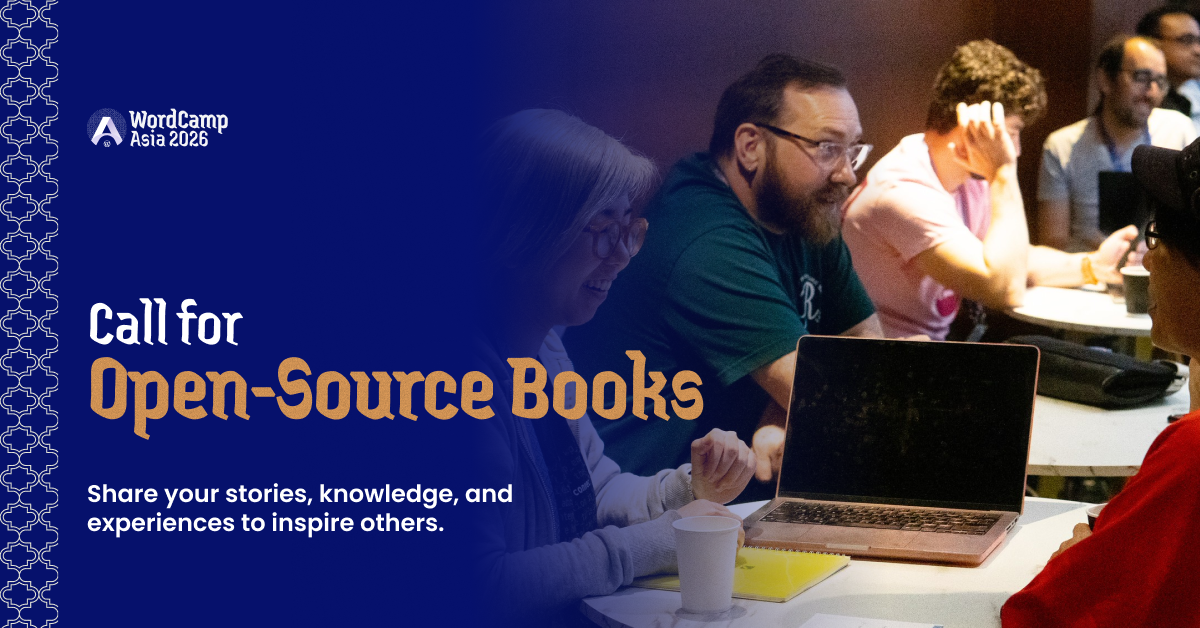 Attendees at a WordCamp Asia workshop engage in conversation and collaboration around their laptops, alongside a banner announcing the Call for Open-Source Books.